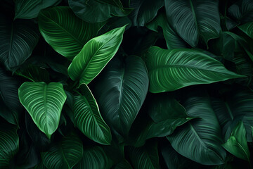 Leaves of Spathiphyllum cannifolium, an abstract green texture, a natural backdrop with tropical foliage.抽象的な緑のテクスチャー、熱帯の葉を背景にした自然の背景。Generative AI	 - obrazy, fototapety, plakaty
