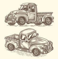 Vintage farmer pickup truck. Vector illustration. Retro transport vehicle sketch style © ~ Bitter ~