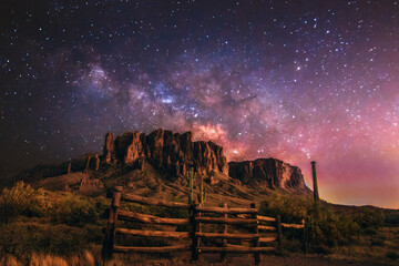 The Arizona Superstition Mountains in the Milky Way light of night - obrazy, fototapety, plakaty