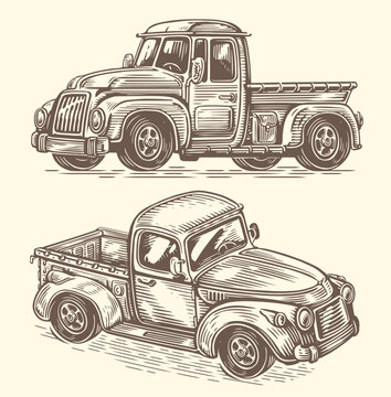 Vintage farmer pickup truck. Vector illustration. Retro transport vehicle sketch style