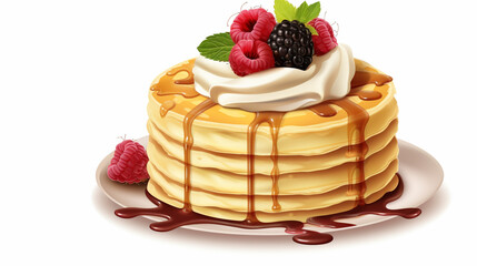 Fresh golden pancakes with cream and chocolate, fruit. generative ai