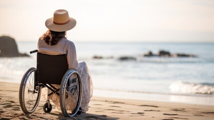 Woman sitting in a wheelchair on a sandy beach world disability day - obrazy, fototapety, plakaty
