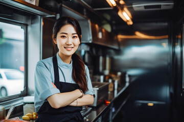Young Asian female food truck owner standing inside food truck, young beautiful selling food in her food truck