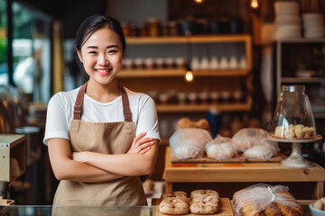 Young Asian female home baked goods seller standing in bakery store, beautiful Asian woman selling baked goods in her bakery