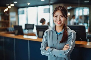 Obraz premium Young Asian female gym owner standing behind reception, young beautiful female owning smiling in gym after working out