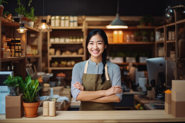 Young Asian female organic food store owner standing behind counter, young beautiful female selling organic goods to costumers
