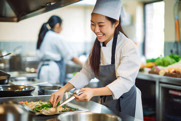 Young Asian female personal chef doing her job, young beautiful female working in a kitchen, personal chef preparing dinner