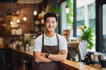 Young Asian male coffee shop owner standing behind counter, young handsome male making and selling coffee in coffee shop