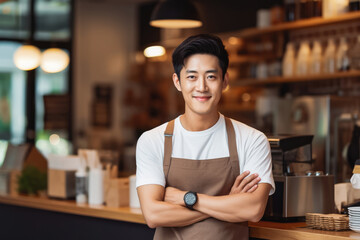Young Asian male coffee shop owner standing behind counter, young handsome male making and selling coffee in coffee shop - obrazy, fototapety, plakaty