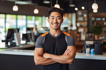 Young Asian male gym owner standing behind reception desk, young handsome strong fit muscled male at a reception in gym