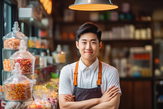 Young Asian male candy shop owner standing behind counter, young handsome male selling candy in candy store