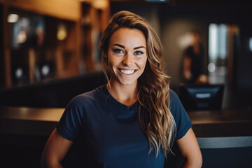 Beautiful athletic caucasian female gym owner standing behind reception and smiling, business woman owner at work place - obrazy, fototapety, plakaty
