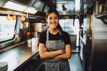 Beautiful young caucasian female food truck owner standing behind counter and smiling, successful business owner inside her food truck