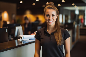 Beautiful athletic caucasian female gym owner standing behind reception and smiling, business woman...