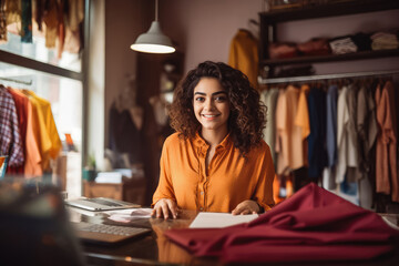 Beautiful young indian female clothing boutique owner standing behind counter and smiling, personal shopping assistance helping client - obrazy, fototapety, plakaty