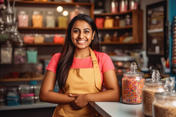 Beautiful young indian female candy shop owner standing behind counter, beautiful young woman smiling and working in a candy store - obrazy, fototapety, plakaty