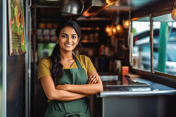 Beautiful young indian female food truck owner standing behind counter and smiling, successful business owner inside her food truck