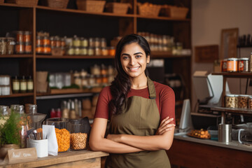 Beautiful young indian female coffee shop owner standing behind counter and smiling, successful business owner in her shop