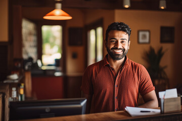 Handsome young indian male bed and breakfast owner standing behind counter and smiling, successful business owner at work place - obrazy, fototapety, plakaty