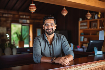 Handsome young indian male bed and breakfast owner standing behind counter and smiling, successful...
