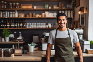 Handsome young indian male coffee shop owner standing behind counter and smiling, successful business owner in his coffee shop