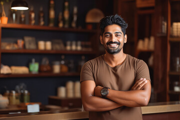 Naklejka premium Handsome young indian male coffee shop owner standing behind counter and smiling, successful business owner in his coffee shop