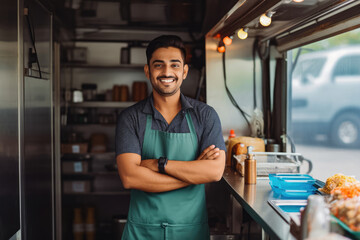 Handsome young indian male food truck owner standing behind counter and smiling, successful business owner inside his food truck
