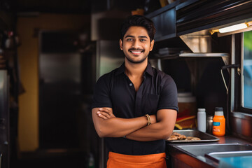 Handsome young indian male food truck owner standing behind counter and smiling, successful business owner inside his food truck - obrazy, fototapety, plakaty
