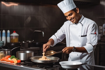 Handsome young indian male personal chef focusing on his job, wearing a cooking uniform, successful business man at work in the kitchen - obrazy, fototapety, plakaty
