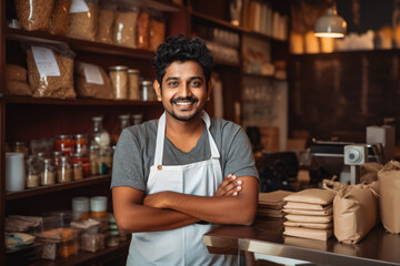 Handsome young indian male coffee shop owner standing behind counter and smiling, successful business owner in his coffee shop - obrazy, fototapety, plakaty