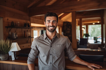 Handsome young caucasian male bed and breakfast owner standing behind counter and smiling,...