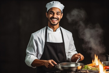 Handsome young indian male personal chef focusing on his job, wearing a cooking uniform, successful business man at work in the kitchen