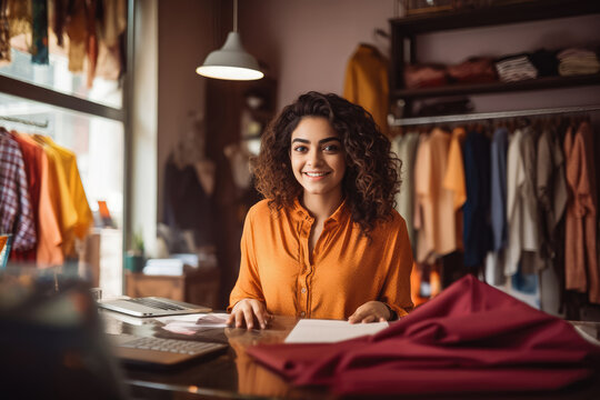 Beautiful young indian female clothing boutique owner standing behind counter and smiling, personal shopping assistance helping client © VisualProduction