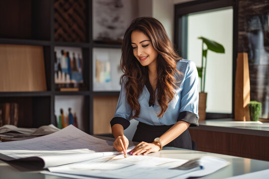 Beautiful young indian female interior designer focusing on her work, woman at work place, successful business woman - Powered by Adobe
