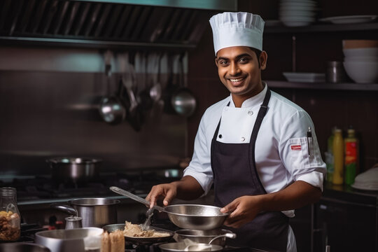 Handsome young indian male personal chef focusing on his job, wearing a cooking uniform, successful business man at work in the kitchen