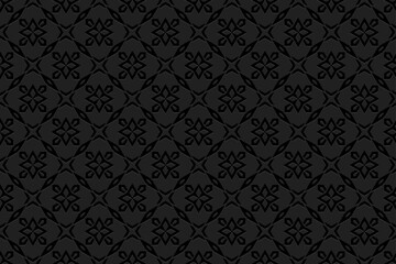 Embossed black background, cover design. Boho style, handmade. Geometric ethnic unique 3D pattern, press paper, leather. Vintage arabesques, ornaments of the East, Asia, India, Mexico, Aztec, Peru.
