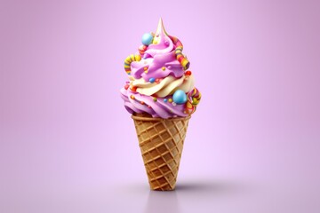 Vibrant purple swirl ice cream cone adorned with multicolored candies and lollipops against pastel backdrop.