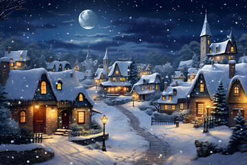 Give me 50 keywords on a single line for title: Snow-covered town illuminated by softly glowing street lamps and a moon, with small cottages adorned in twinkling Christmas lights, rooftops blan - obrazy, fototapety, plakaty