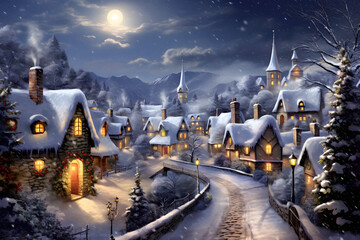Snow-covered town illuminated by softly glowing street lamps and a bright moon, with small cottages adorned in twinkling Christmas lights, rooftops blanketed in fresh snow, set under a deep twilight b