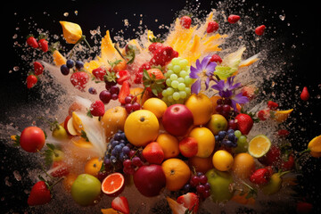Energetic collision: strawberries, kiwi, and oranges collide with energy, painting a vivid picture of a fruit explosion on a black canvas