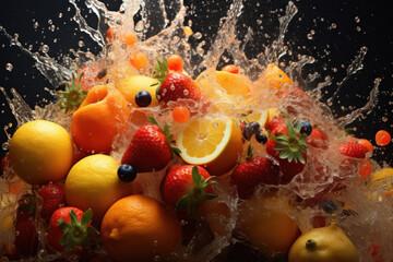 Zingy explosion: strawberries, kiwi, and oranges create a zingy explosion, splashing vibrant colors against a black backdrop, celebrating the lively essence of fruits