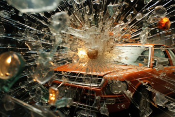 Raging Impact: The car erupts, shattered pieces propelled skyward. A striking representation of vehicular disaster, capturing the fury and force of a high-velocity collision