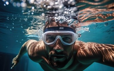 Fototapeta premium A professional athlete in swimming goggles and cap is swimming underwater in the pool