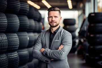 Fototapeta na wymiar Joyful Tire Retailer: With a radiant smile, the tire retailer showcases enthusiasm, assisting customers in choosing the perfect tires with expertise and a positive attitude