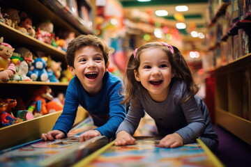 Two cheerful little ones having a blast in a toy store, their excitement contagious - Powered by Adobe