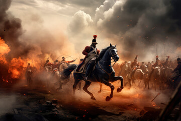 The Napoleonic Clash: French and Prussian Forces Engage in Historic Warfare with Gallant Cavalry - A Glimpse into the Epic Battle of Two Mighty Armies.

 - obrazy, fototapety, plakaty