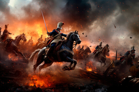 The Napoleonic Clash: French and Prussian Forces Engage in Historic Warfare with Gallant Cavalry - A Glimpse into the Epic Battle of Two Mighty Armies.

