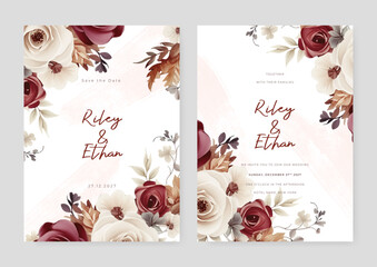 Red and beige rose modern wedding invitation template with floral and flower