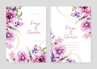 Purple violet poppy artistic wedding invitation card template set with flower decorations