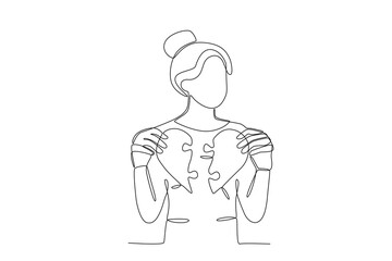 A woman holding a broken love. Relationship problem one-line drawing